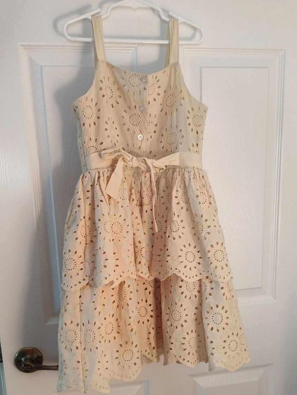 Blueberi Boulevard Cream Eyelet Bow-Tie Tiered Dress